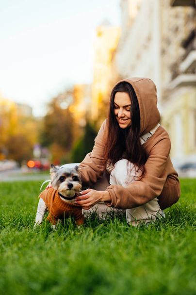 Kaunis onnellinen nainen rento vaatteita leikkii söpö koirarotu biewer terrieri nurmikolla taustalla kaupunkikuva ja hymyillen. Kävele lemmikin kanssa. - Valokuva, kuva