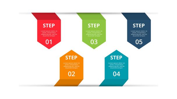 Setas abstratas de gráfico, diagrama com 5 passos, opções, partes ou processos. - Vetor, Imagem