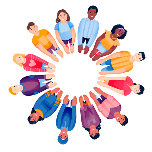 Multietnický tým stojí v kruhu a drží se za ruce. Vrchní vektorová ilustrace. Rozmanitost sociální komunity, spolupráce, koncepce týmové práce. Ploché kreslené postavičky mužů a žen - Vektor, obrázek