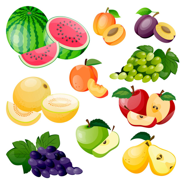 Szaftos bogyók és gyümölcsök ikongyűjteménye. Vektor lapos rajzfilm illusztráció. Friss görögdinnye, dinnye, sárgabarack, szőlő és szilva, fehér alapon elkülönítve. Egészséges édes élelmiszer design elemek - Vektor, kép