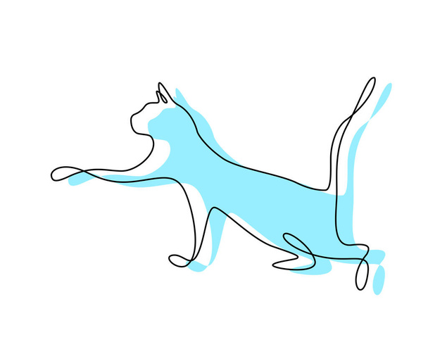 Egy vonalas macskatervezés. A cica kiváncsian nyújtózik a mancsával. A macska mozgásban van. Silhouette színes kék háttérrel. Színes sziluett kézzel rajzolt. Logó. Minimalizmus stílus vektor - Vektor, kép