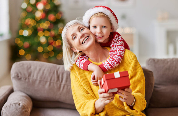 Roztomilé dítě objímání nadšené starší žena sedí na pohovce s vánočním dárkem a dívá se na camer - Fotografie, Obrázek