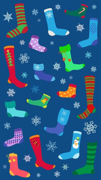 Verschillende warme sokken met veel design en met kerstversieringen op de blauwe achtergrond vector wallpaper voor smartphone en voor app - Vector, afbeelding