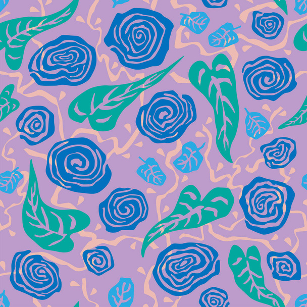 薄紫色の背景のシームレスなパターンベクトル上の青い花と青緑と青の葉 - ベクター画像