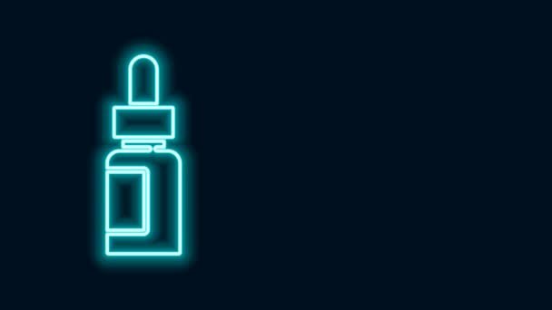 Linea neon luminosa Icona bottiglia olio essenziale isolata su sfondo nero. Essenza di aromaterapia biologica. Cura della pelle confezione goccia di vetro siero. Animazione grafica 4K Video motion - Filmati, video