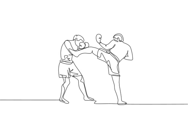 Single continuous line drawing of young sportive man kickboxer fight in sport arena for local championship title. Fight competition kickboxing sport concept. One line draw design vector illustration - Vector, Image