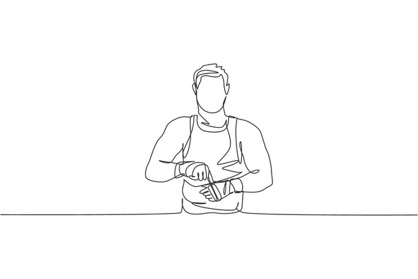 Один безперервний малюнок молодого спортсмена-кікбоксера обгортання пов'язки для підготовки бою в спортзалі. Спортивна концепція кікбоксингу. Динамічний однорядковий малюнок Векторні ілюстрації
 - Вектор, зображення