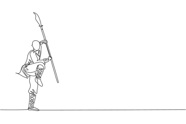 Dibujo de línea continua única del joven monje shaolin muscular que sostiene el entrenamiento de lanza en el templo shaolin. Concepto tradicional de lucha de kung fu chino. Trendy una línea dibujar diseño vector ilustración - Vector, imagen