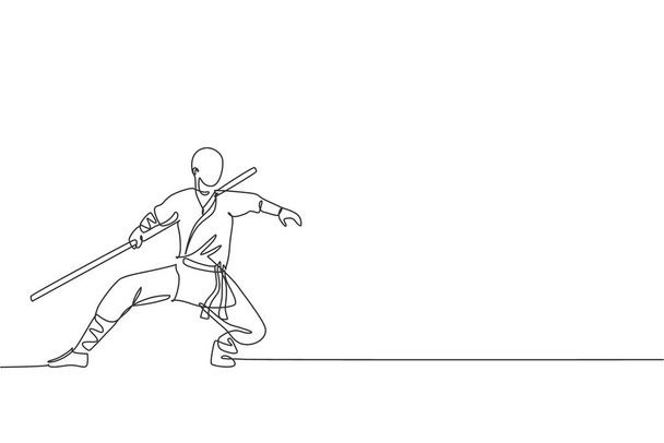 Eine ununterbrochene Linienzeichnung eines jungen Shaolin-Mönchs praktiziert Kung Fu mit Stock am Tempelboden. Traditionelles chinesisches Kampfsportkonzept. Dynamische Abbildung des Designvektors für einzelne Linien - Vektor, Bild