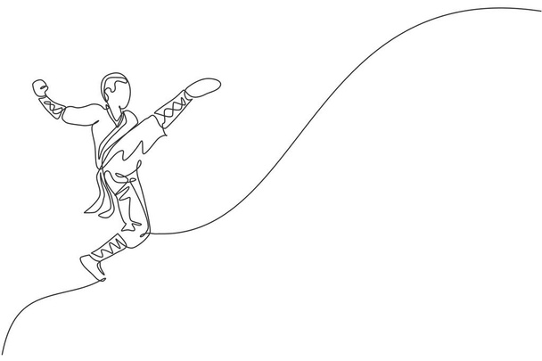Egyetlen folyamatos vonal rajz fiatal izmos shaolin szerzetes vonat ugrás rúgás shaolin templom. Hagyományos kínai kung fu harc koncepció. Trendy egysoros rajz grafikai tervezés vektor illusztráció - Vektor, kép
