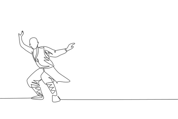 Pojedyncza ciągła linia rysująca młodego muskularnego mnicha Shaolin człowieka trenującego sztukę walki w świątyni Shaolin. Tradycyjna chińska koncepcja walki kung fu. Modny jednej linii rysować projekt graficzny wektor ilustracja - Wektor, obraz