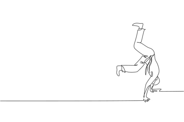 Uma única linha de desenho do jovem homem enérgico capoeira dançarino executar dança luta vetor ilustração gráfica. Arte marcial tradicional conceito de esporte estilo de vida. Design de desenho de linha contínua moderna - Vetor, Imagem