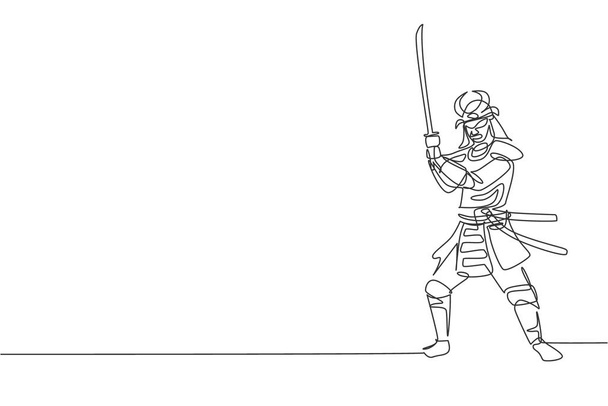 Eğitimde saldırıya hazır maskeli genç samurayların sürekli çizdiği bir çizgi. Dövüş sanatları dövüş sporları konsepti. Dinamik tek çizgi çizimi tasarım vektörü illüstrasyonu - Vektör, Görsel