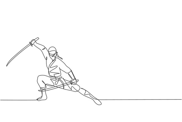 Una línea continua de dibujo del joven y valiente personaje ninja japonés en traje negro con posición de ataque. Concepto de lucha contra el arte marcial. Ilustración gráfica vectorial de diseño dinámico de una sola línea - Vector, imagen