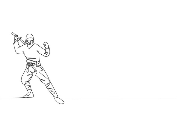 Yksi rivi piirustus nuorten energinen japanilainen perinteinen ninja tilalla samurai miekka hyökkäys aiheuttaa vektori kuva. Taisteleva kamppailulaji. Moderni jatkuva linja piirtää suunnittelu - Vektori, kuva
