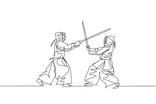 2人の若い精力的な男性の1本の線画は、ジムセンターのベクトルイラストで木製の剣で剣道と春の戦いを行使します。戦闘スポーツの概念。現代の連続線画のデザイン - ベクター画像