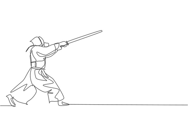 Un seul dessin de ligne de jeune homme énergique exercice attaque kendo mouvement avec épée en bois au centre de gymnase illustration graphique vectorielle. Concept de lutte contre le sport. Conception moderne de tracé continu - Vecteur, image