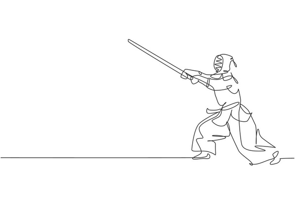 Una sola linea di disegno giovane energico uomo esercizio kendo attacco abilità con spada di legno al centro palestra grafica vettoriale illustrazione. Concetto di sport da combattimento. Moderno disegno a linea continua - Vettoriali, immagini