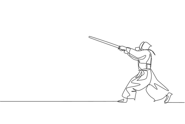 Jedna čára kreslení energický muž cvičení útočnou dovednost na hru kendo s dřevěným mečem v tělocvičně centra grafické vektorové ilustrace. Bojová bojová sportovní koncepce. Moderní návrh kontinuálního kreslení - Vektor, obrázek