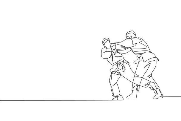 Egy vonalas rajz két fiatal energikus judokas harcosról, akik a tornaterem vektoros grafikus illusztrációján harcolnak. Harcművészeti sport verseny koncepció. Modern folyamatos vonalhúzási terv - Vektor, kép
