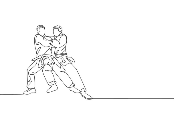 Eén doorlopende lijntekening van twee jonge sportieve mannen die judotechniek trainen in de sporthal. Jiu jitsu strijd strijd sport competitie concept. Dynamische single line draw ontwerp grafische vector illustratie - Vector, afbeelding