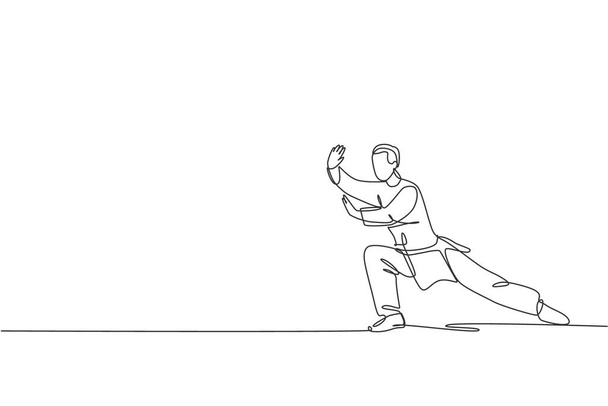 Einzelne durchgehende Linienzeichnung eines jungen Mannes Wushu-Kämpfer, Kung-Fu-Meister in einheitlicher Tai-Chi-Haltung im Dojo-Zentrum. Fighting Contest Konzept. Trendige eine Linie zeichnen Design-Vektor-Illustration - Vektor, Bild