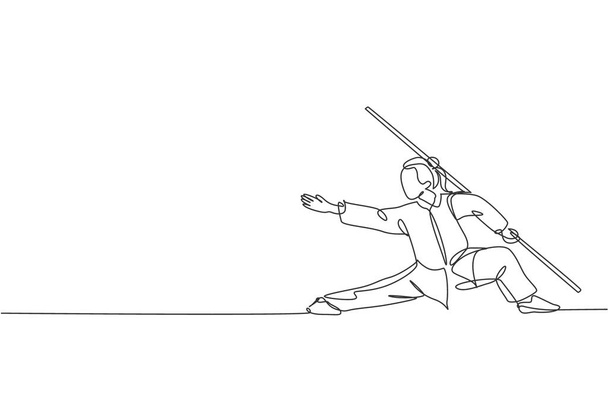 Eine durchgehende Linienzeichnung der jungen Wushu-Meisterin, Kung-Fu-Kriegerin im Kimono mit langem Stab im Training. Konzept des Kampfsportwettbewerbs. Dynamische Abbildung des Designvektors für einzelne Linien - Vektor, Bild