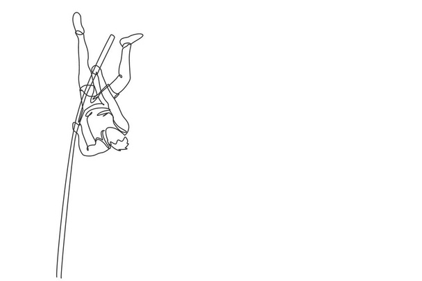 Desenho de linha contínua única de homem esportivo jovem salto salto de vara de treinamento verticalmente no campo. Conceito de esporte atlético saudável. Evento de torneio. Elegante uma linha desenhar desenho vetor ilustração - Vetor, Imagem