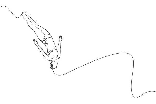 Ενιαία συνεχή γραμμή σχέδιο των νέων σπορ γυναίκα άλμα και πτώση του σώματος προς τα κάτω στην πισίνα για καταδύσεις κατάρτισης. Έννοια για θαλάσσια σπορ. Trendy μία γραμμή σχεδίαση διανυσματική απεικόνιση - Διάνυσμα, εικόνα