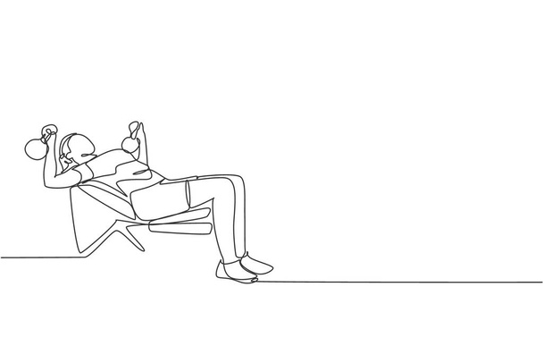 Una línea continua de dibujo de mujer deportiva haciendo ejercicio levantando pesas en press de banca en gimnasio gimnasio club centro. Concepto de deporte saludable. Ilustración dinámica de vectores de diseño de línea única - Vector, imagen