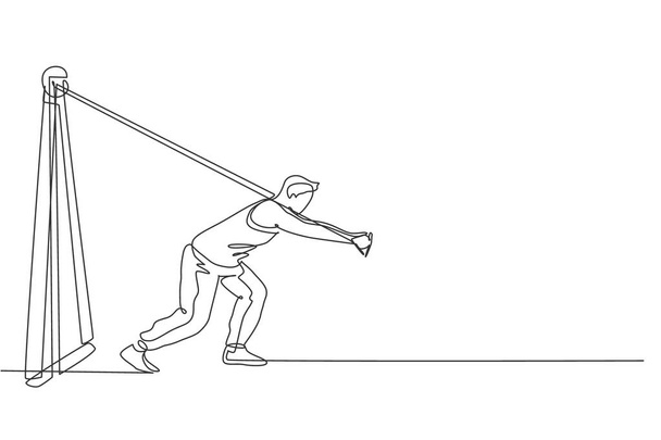 Spor yapan genç bir adamın sürekli çizdiği bir çizgi fitness spor salonu merkezinde kablo çekme makinesi. Sağlıklı spor konsepti. Dinamik tek çizgi çizimi tasarım vektörü illüstrasyonu - Vektör, Görsel