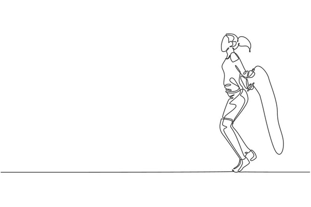 Egyvonalas, folyamatos rajz fiatal sportos nő edzés ugrókötéllel a sport tornaterem klub központjában. Fitness nyújtás koncepció. Trendi egy vonal felhívni design vektor grafikus illusztráció - Vektor, kép