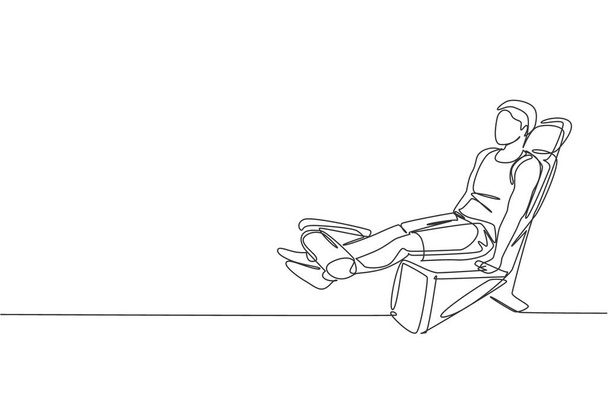 Uma única linha de desenho de exercício jovem homem energético com supino em ginásio fitness centro vetor ilustração gráfica. Conceito de esporte estilo de vida saudável. Design de desenho de linha contínua moderna - Vetor, Imagem