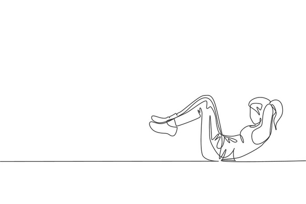 Dibujo de línea continua de una mujer joven entrenando acostada y sentada en el centro del club de gimnasia deportiva. Concepto de estiramiento físico. Trendy una línea dibujar diseño vector gráfico ilustración - Vector, Imagen