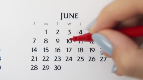 赤いマーカーでカレンダー日付の女性の手の円の日。ビジネスの基本壁カレンダープランナーと主催者。6月17日 - 映像、動画