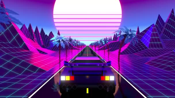 Images rétro violettes et bleues avec voiture sur une route, palmiers et montagnes - design futuriste adapté aux années 80. Animation numérique 3D avec résolution 4k - 3840 x 2160 px. - Séquence, vidéo