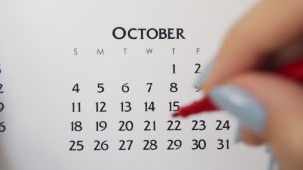 赤いマーカーでカレンダー日付の女性の手の円の日。ビジネスの基本壁カレンダープランナーと主催者。10月21日 - 映像、動画