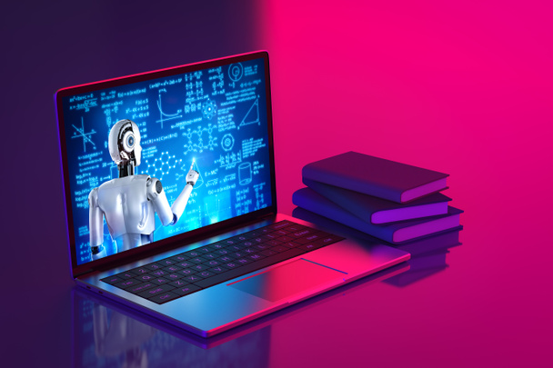 3d renderizado cyborg enseñanza o formación en línea en computadora portátil - Foto, imagen