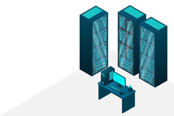 Web hosting and big data processing, server room rack. Concept of data center isometric. - Vector, Image