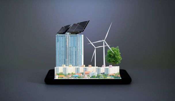 Clean energy in the city of solar cells and wind turbines on smartphones - Photo, Image