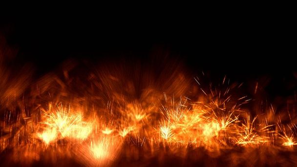 Fondo de fuegos artificiales, Animación 3D realista de la quema de bengalas en el suelo sobre fondo oscuro, chispas de fuegos artificiales, 4K de alta calidad, renderizado 3D - Foto, Imagen