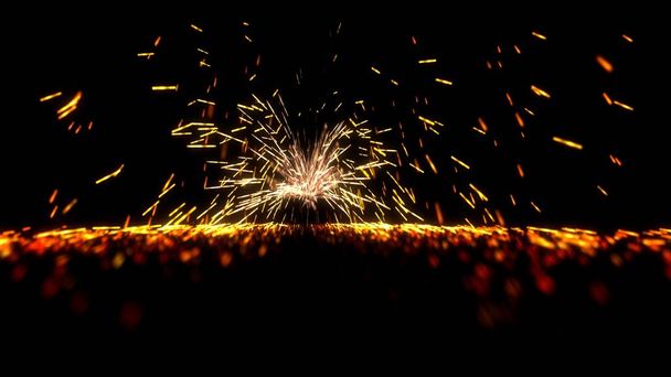 Feuerwerk-Hintergrund, realistische 3D-Animation von Wunderkerzen, die auf dem Boden brennen, auf dunklem Hintergrund, Feuerwerk-Funken, 4K High Quality, 3D-Render - Foto, Bild