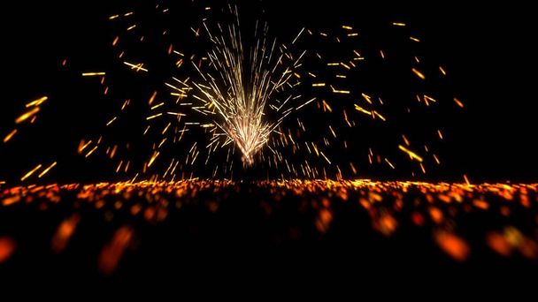 Vuurwerk Achtergrond, Realistische 3D-animatie van de vonk branden op de grond op donkere achtergrond, vuurwerk vonken, 4K hoge kwaliteit, 3D renderen - Foto, afbeelding