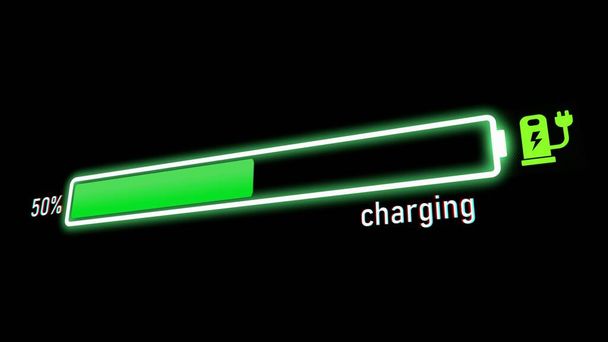 Electric Charging Progress bar, electric vehicle or phone battery indicator showing an increasing battery charge. The battery indicator shows it fills up to 50% - 写真・画像