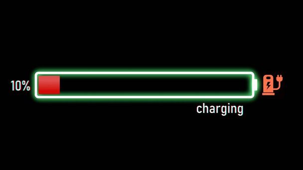 Electric Charging Progress bar, electric vehicle or phone battery indicator showing an increasing battery charge. The battery indicator shows it fills up to 10% - 写真・画像