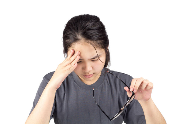 young asian woman arms raised touch her head feel headache - Photo, Image