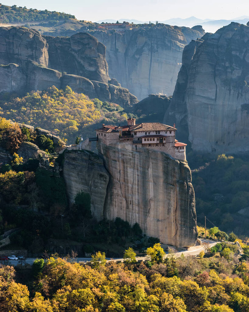 Rousanou  monastery, an unesco world heritage site,  located on a unique rock formation  above the village of Kalambaka during fall season. - Valokuva, kuva