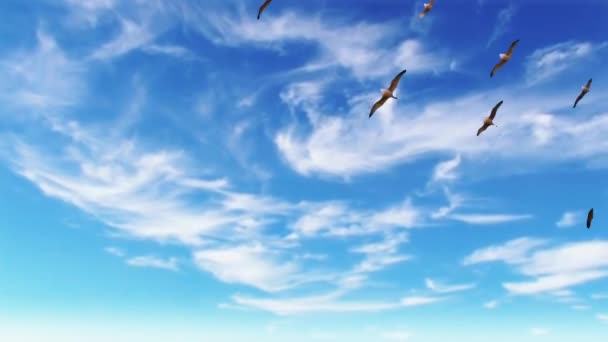 Giorno cielo blu e nuvole di passaggio con migrare gli uccelli 4K metraggio. Cumulo di nuvole contro il cielo blu. Nuvole di cielo blu & migrare gli uccelli - Filmati, video