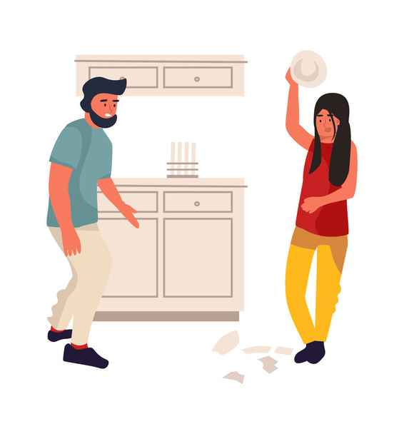 Family conflict. Couple quarrels. Wife and husband relationship disagreements. Woman beats dishes in kitchen. Partners emotional conversation with broken tableware, vector illustration - Vector, Image