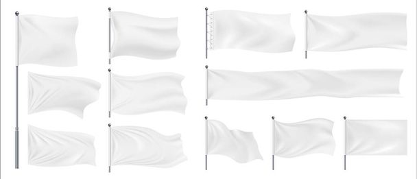 Bandiere realistiche. Insegne tessili in bianco 3D e tessuto ondulante per la pubblicità. Cavalletti orizzontali in acciaio cromato contengono tele vuote. Modelli per logo ed emblema, set pennant vettoriale - Vettoriali, immagini